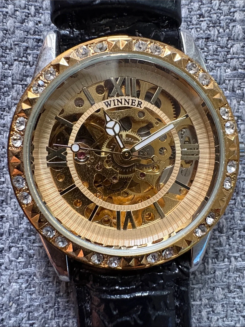 Men's Gold Skeleton Dial Dress Watch with Black Leather Strap